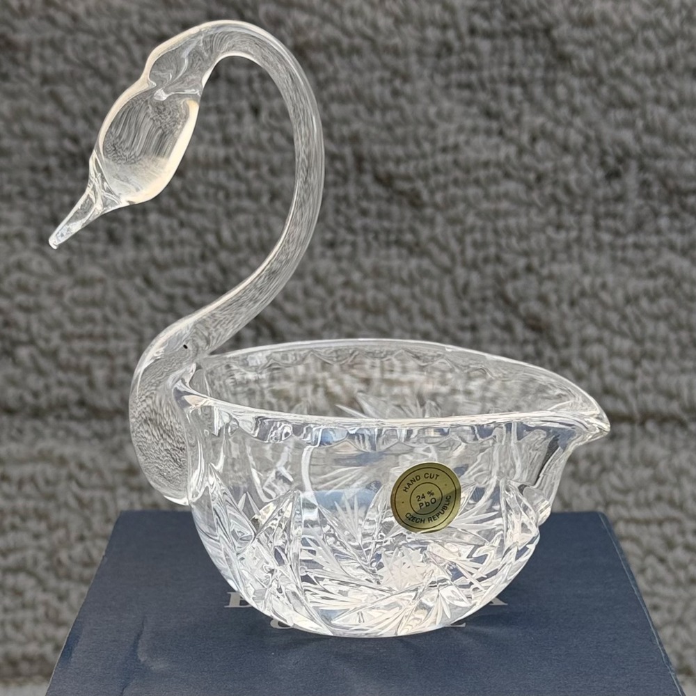 Bohemia Crystal Swan Dish Hand Cut 24% Lead Czech Republic Labutka w/ Box Vtg